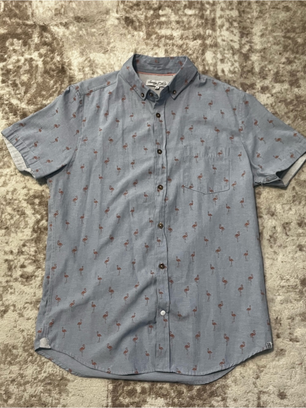 Sovereign Code Mens Medium Blue Pink Flamingo Print Short Sleeve Shirt M